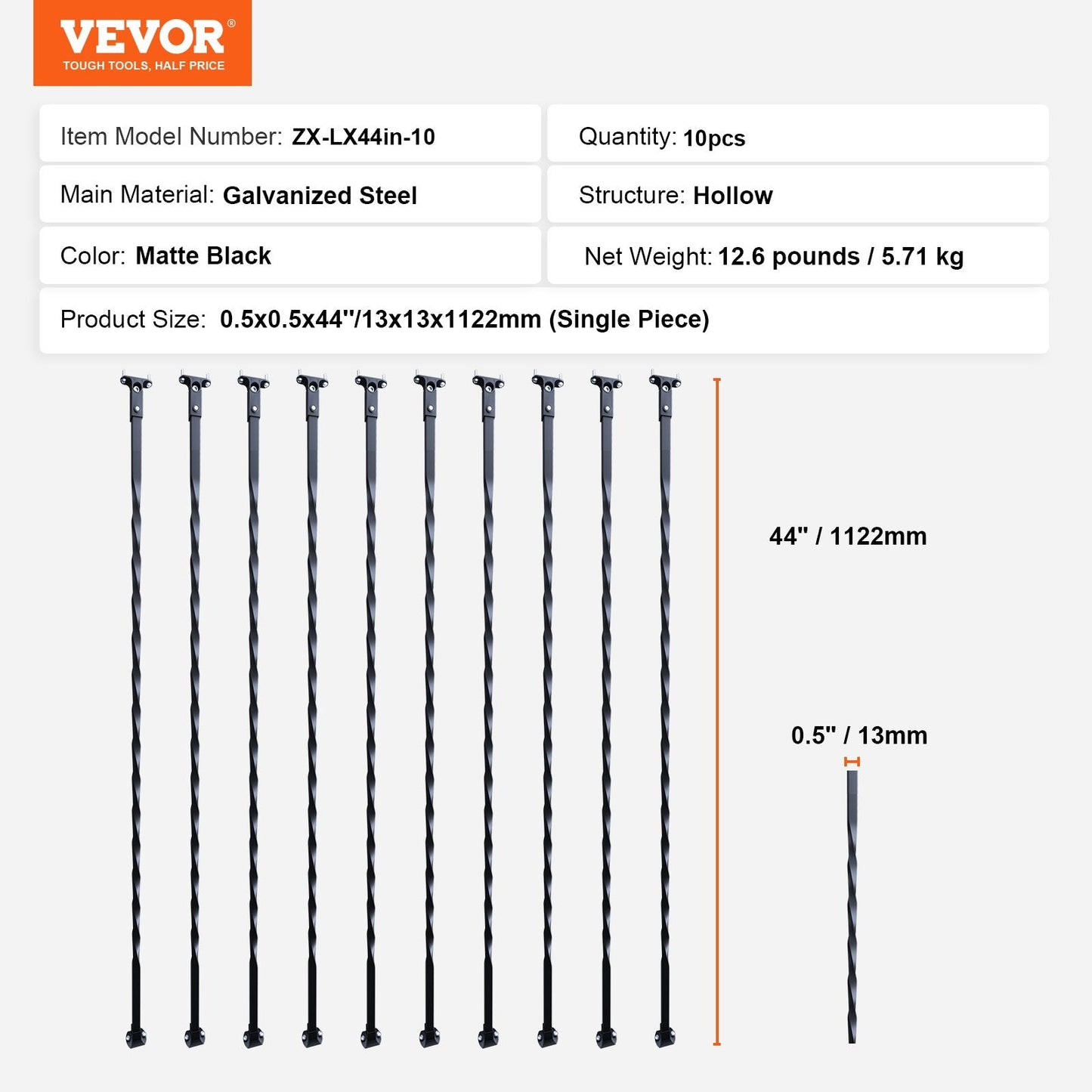 Galvanized Steel Spiral Staircase Balusters, 1.12m, Pack of 10, Matte Black