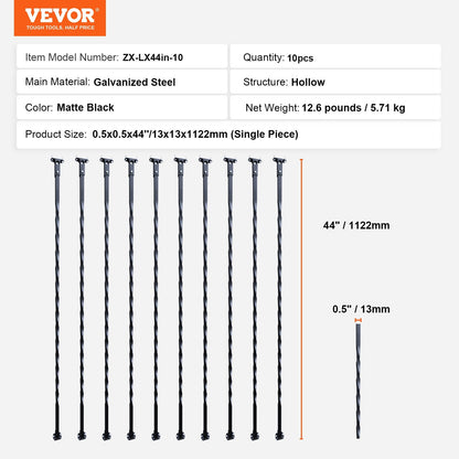 Galvanized Steel Spiral Staircase Balusters, 1.12m, Pack of 10, Matte Black