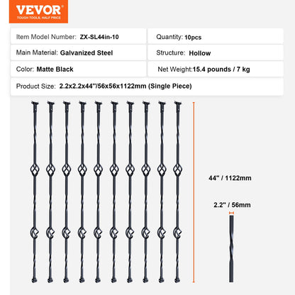 VEVOR Staircase Metal Balusters, 44'' x 1/2" Galvanized Steel Decorative Banister