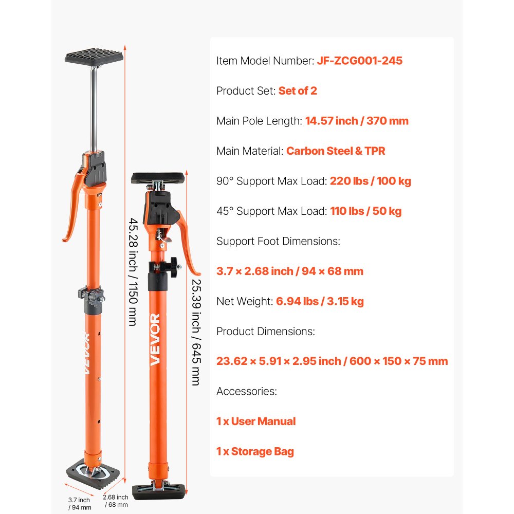 2Pcs Cabinet Jack Support Pole 64.5-115 cm Telescopic Quick Support Rod