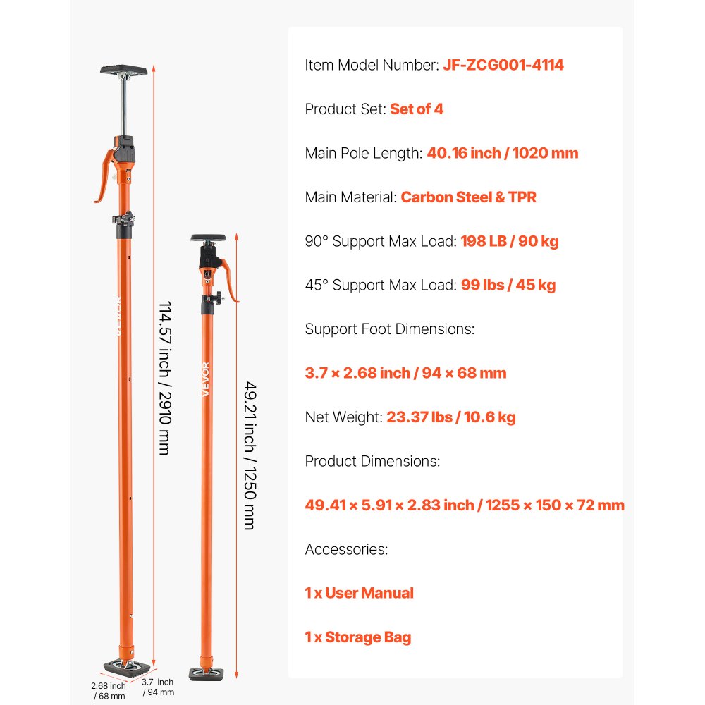 4Pcs Cabinet Jack Support Pole 125-291 cm Telescopic Quick Support Rod