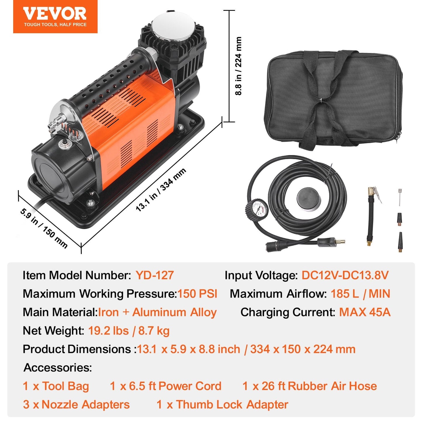 Portable Heavy Duty Air Compressor, 7.06 CFM, 150 PSI, Tire Inflator, 8.7 kg