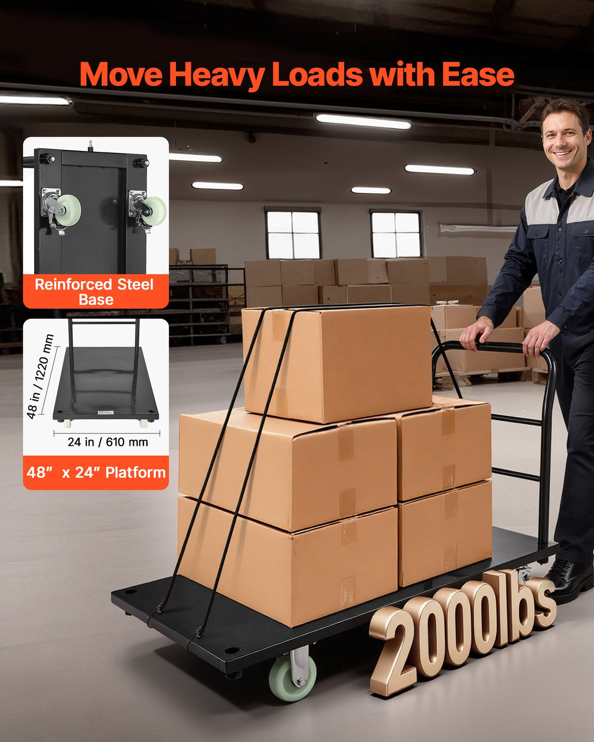 Heavy Duty Platform Truck, 907.18 kg Capacity, Industrial Steel Flatbed Cart with Swivel Wheels and Handle, Platform Hand Push Truck Dolly, Easy Storage, for Luggage Moving, 1220 x 610 x 815 mm