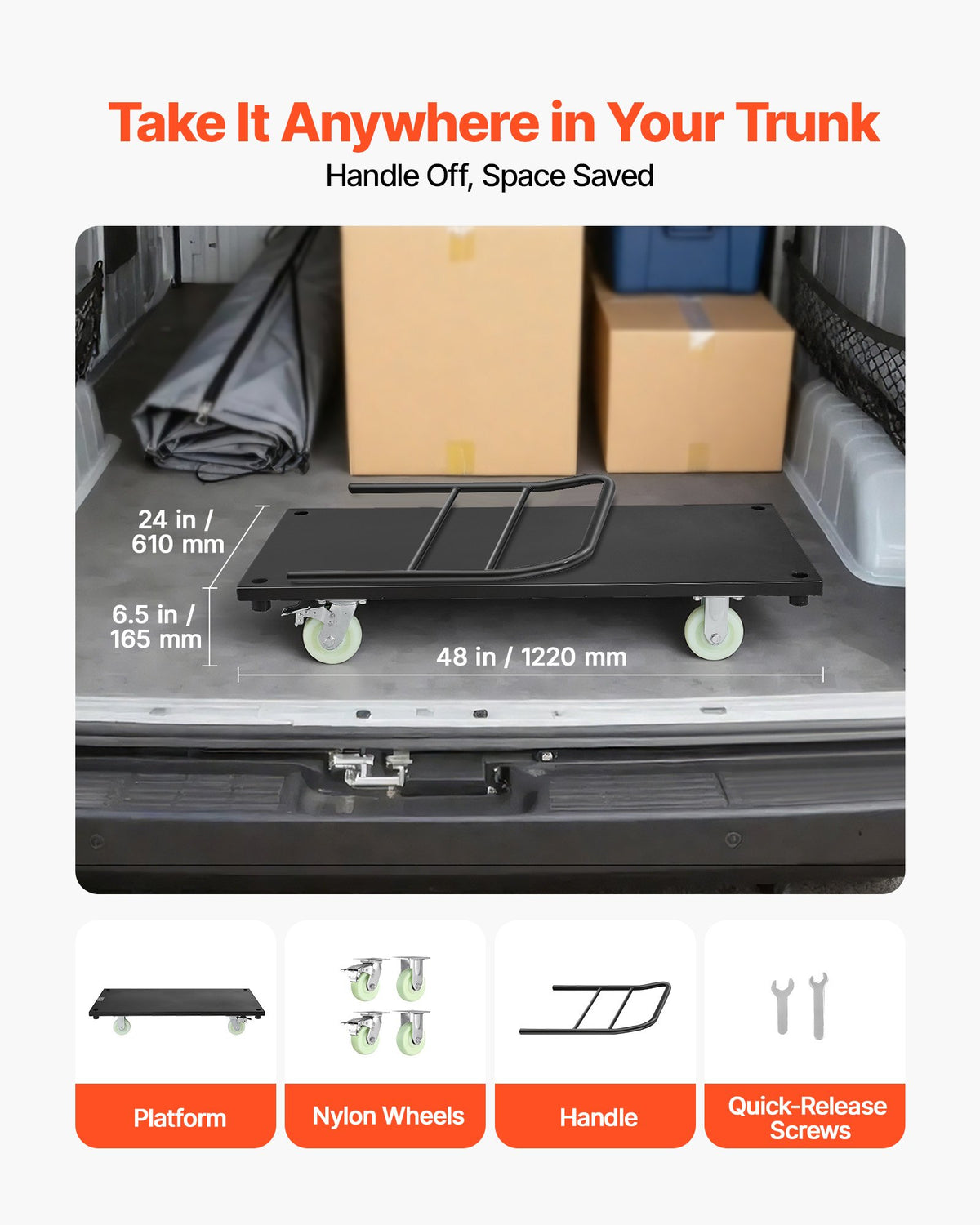 Heavy Duty Platform Truck, 907.18 kg Capacity, Industrial Steel Flatbed Cart with Swivel Wheels and Handle, Platform Hand Push Truck Dolly, Easy Storage, for Luggage Moving, 1220 x 610 x 815 mm