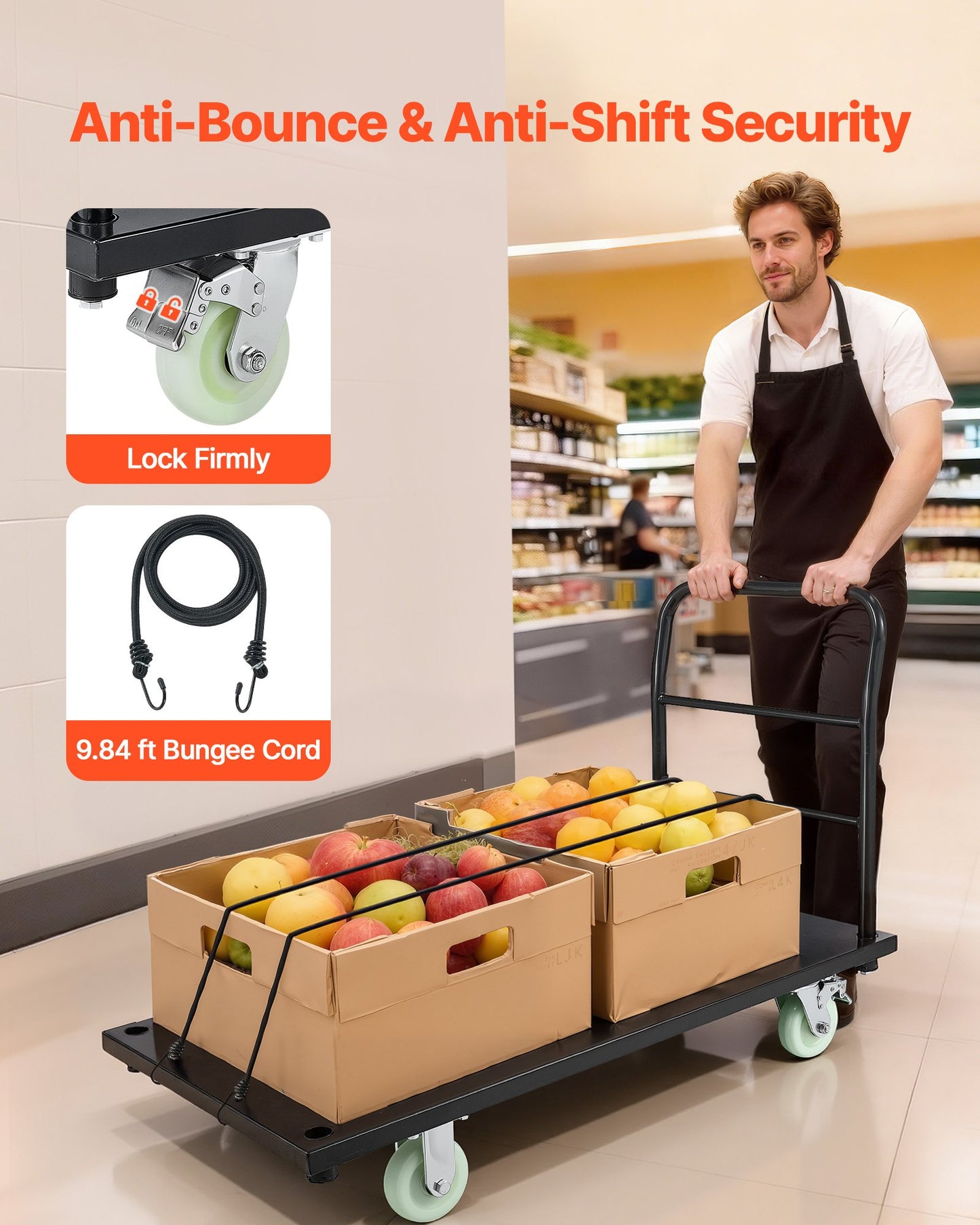 Heavy Duty Platform Truck, 907.18 kg Capacity, Industrial Steel Flatbed Cart with Swivel Wheels and Handle, Platform Hand Push Truck Dolly, Easy Storage, for Luggage Moving, 1220 x 610 x 815 mm