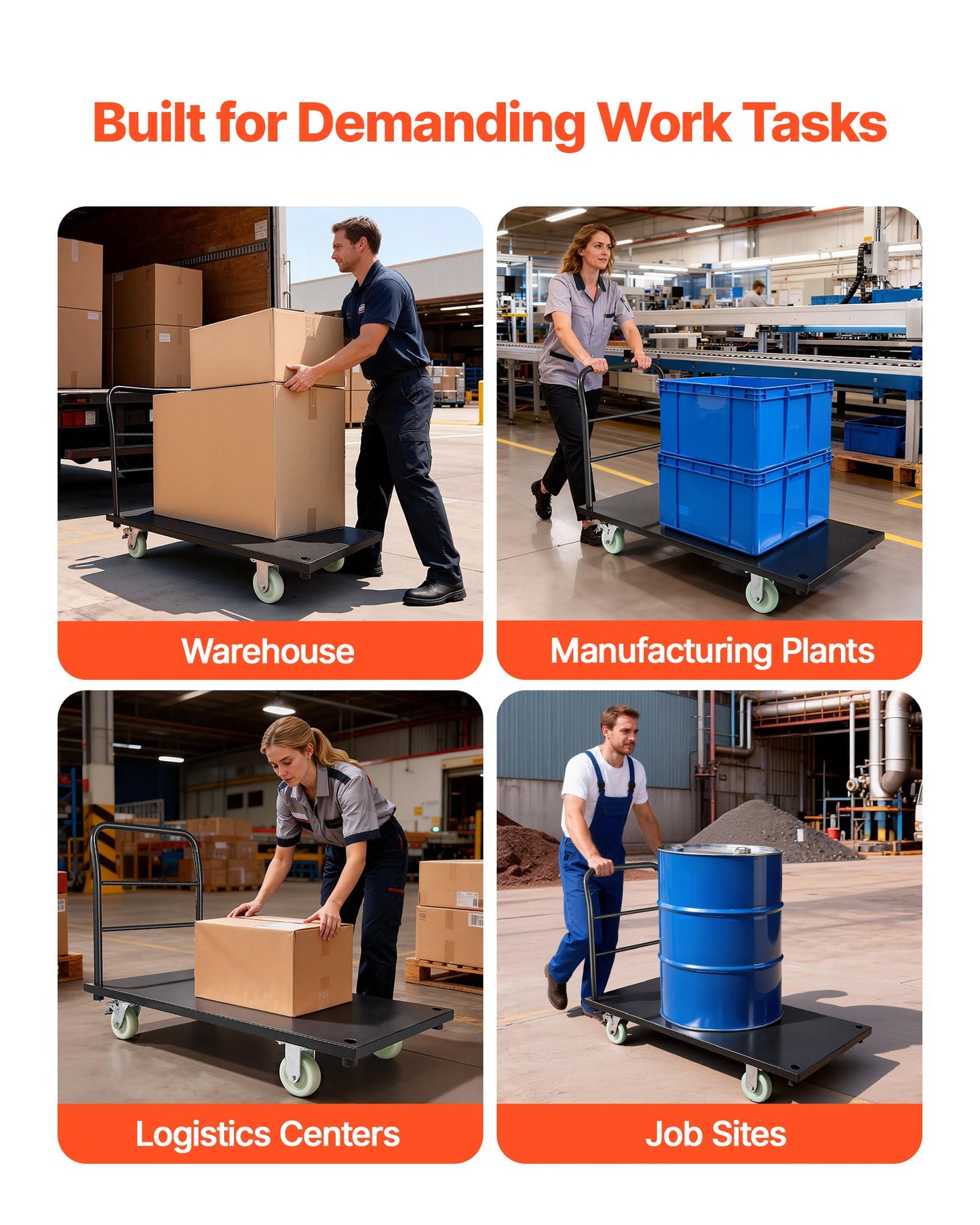 Heavy Duty Platform Truck, 907.18 kg Capacity, Industrial Steel Flatbed Cart with Swivel Wheels and Handle, Platform Hand Push Truck Dolly, Easy Storage, for Luggage Moving, 1220 x 610 x 815 mm
