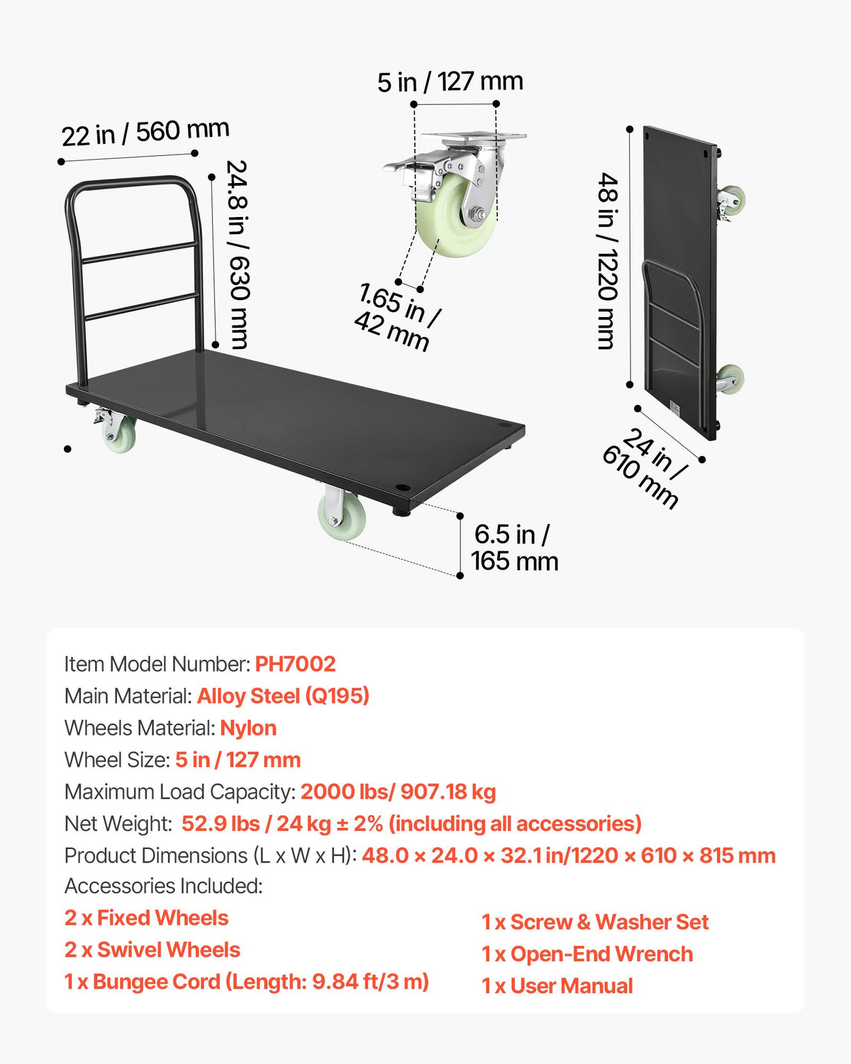 Heavy Duty Platform Truck, 907.18 kg Capacity, Industrial Steel Flatbed Cart with Swivel Wheels and Handle, Platform Hand Push Truck Dolly, Easy Storage, for Luggage Moving, 1220 x 610 x 815 mm