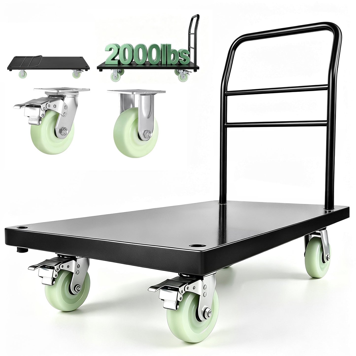 Heavy Duty Platform Truck, 907.18 kg Capacity, Industrial Steel Flatbed Cart with Swivel Wheels and Handle, Platform Hand Push Truck Dolly, Easy Storage, for Luggage Moving, 1220 x 610 x 815 mm