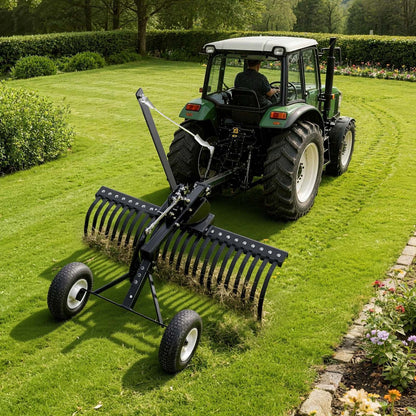 122 cm Tow Behind Landscape Rake, Pull Behind Lawn Rock Rakes for ATV Mower Tractors, 24 Durable Steel Tines, Adjustable Height & Angle, Heavy Duty Dethatcher Rake for Leaves Debris
