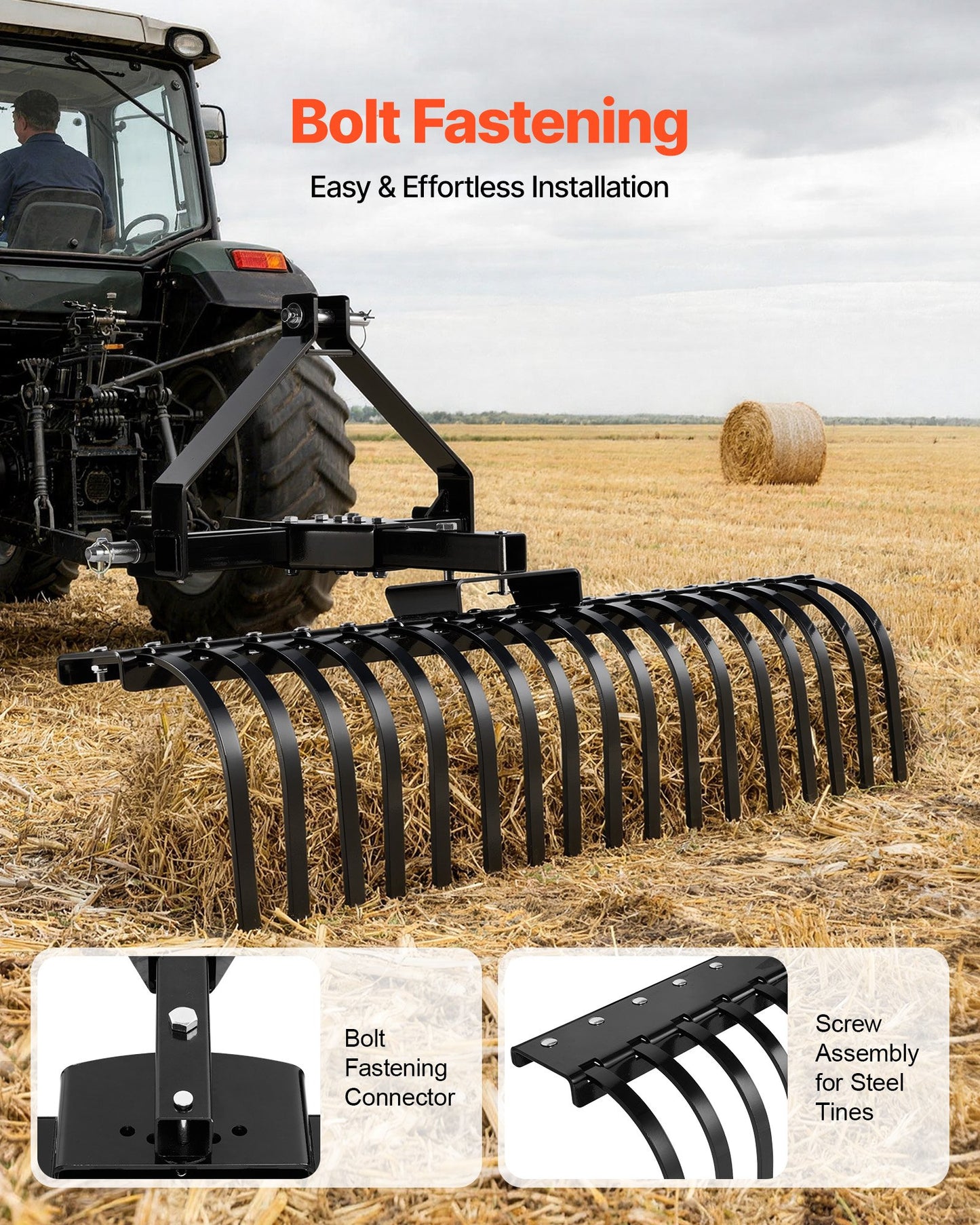 127 cm Lanscape Rock Rake, 3-Point Tow Behind Landscape Rake with 17 Steel Tines, Fit Category 1 Tractors, Angle Adjustable, Heavy Duty Lawn Dethatcher Rake for Grass Branch Debris