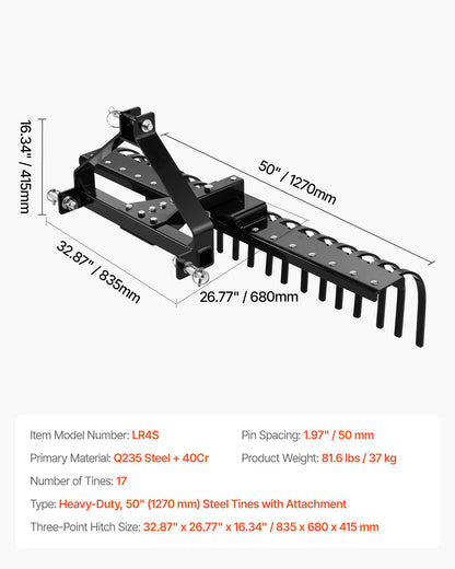 127 cm Lanscape Rock Rake, 3-Point Tow Behind Landscape Rake with 17 Steel Tines, Fit Category 1 Tractors, Angle Adjustable, Heavy Duty Lawn Dethatcher Rake for Grass Branch Debris
