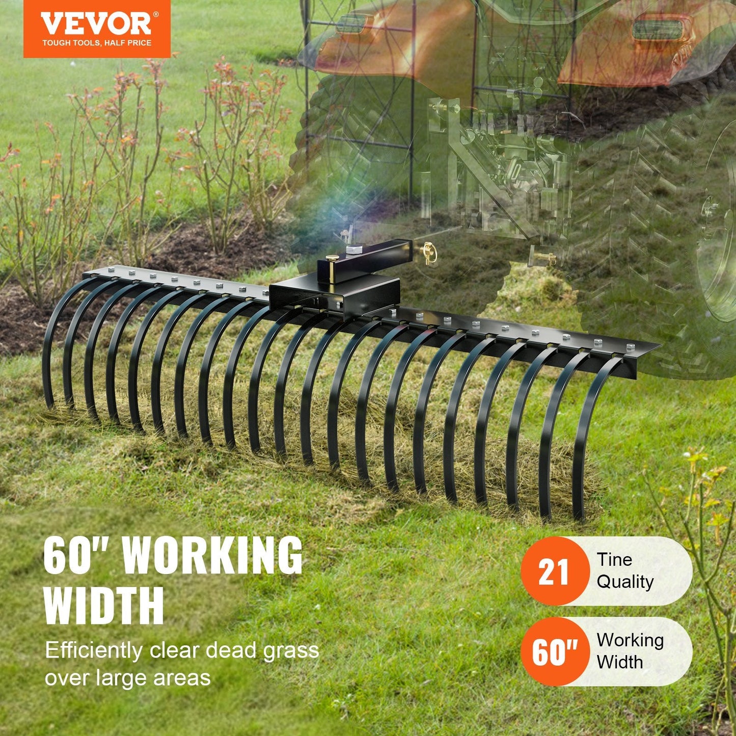 Tow-Behind Landscape Rake, 15m Dethatcher with 21 Steel Tines for Lawn Care