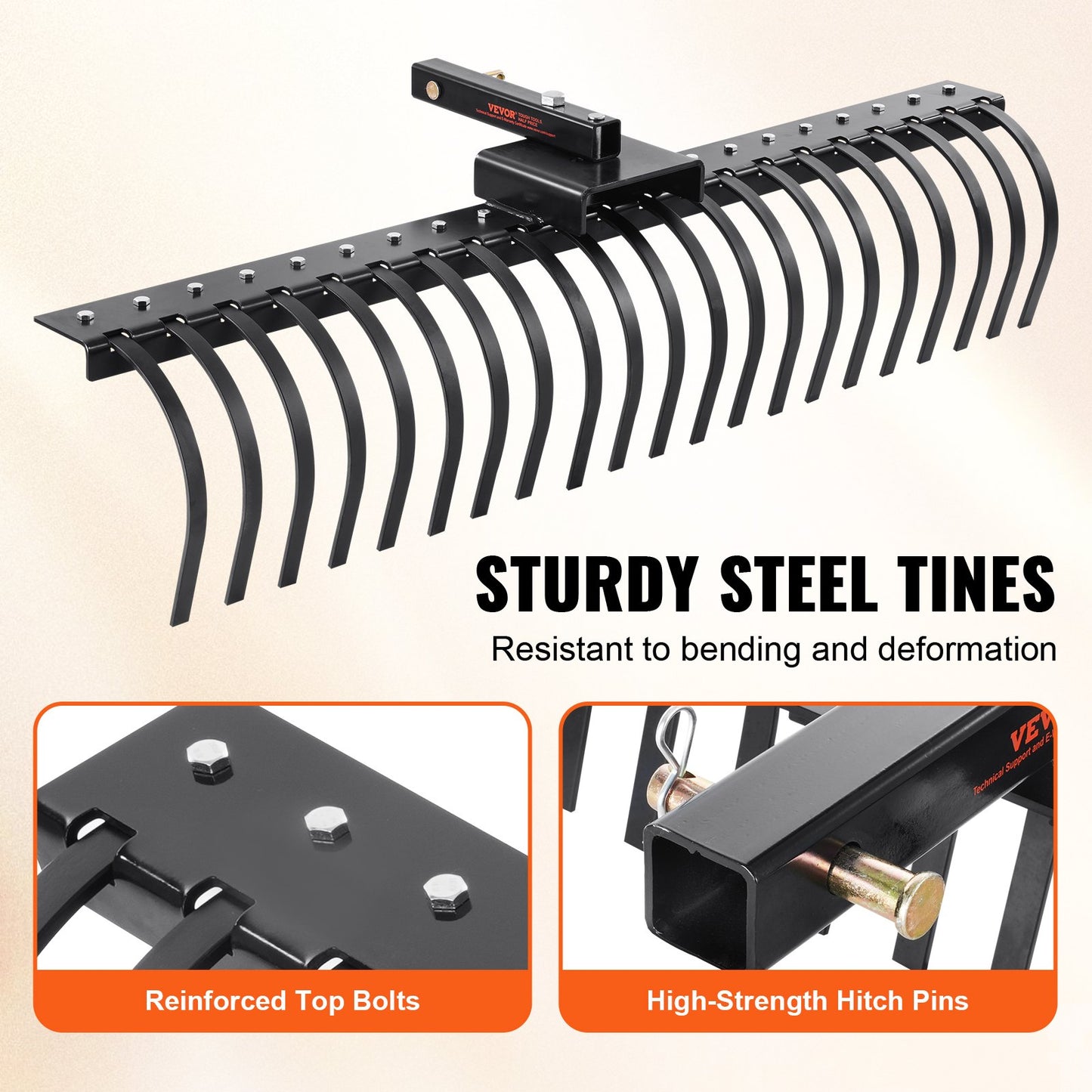 VEVOR Tow Behind Landscape Rake, 15m Tow Dethatcher with 21 Steel Coil Tines, Lawn