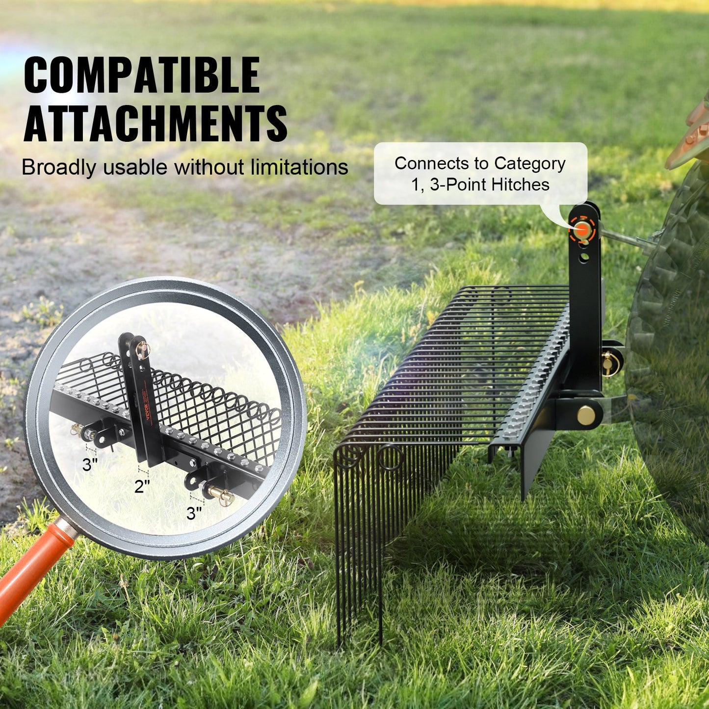 VEVOR Tow Behind Landscape Rake, 15m Tow Dethatcher with 21 Steel Coil Tines, Lawn