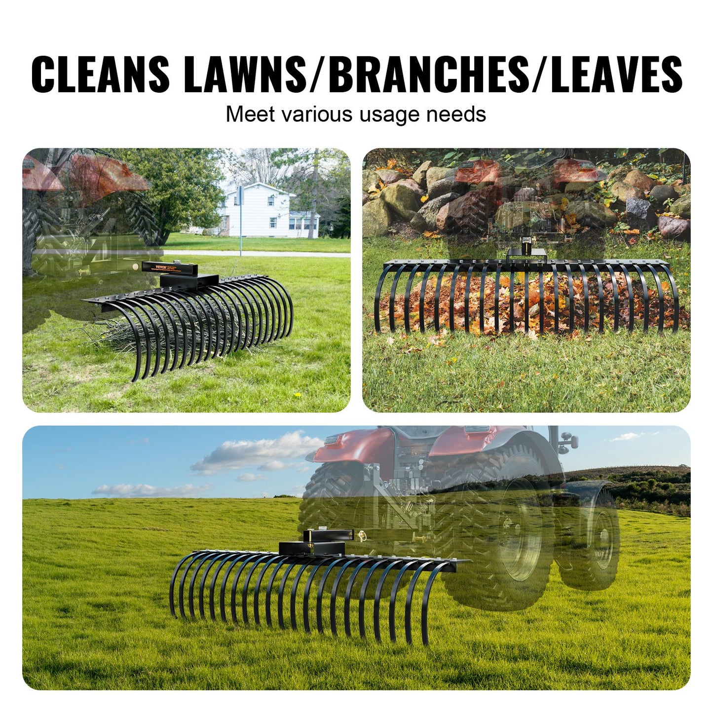 VEVOR Tow Behind Landscape Rake, 15m Tow Dethatcher with 21 Steel Coil Tines, Lawn