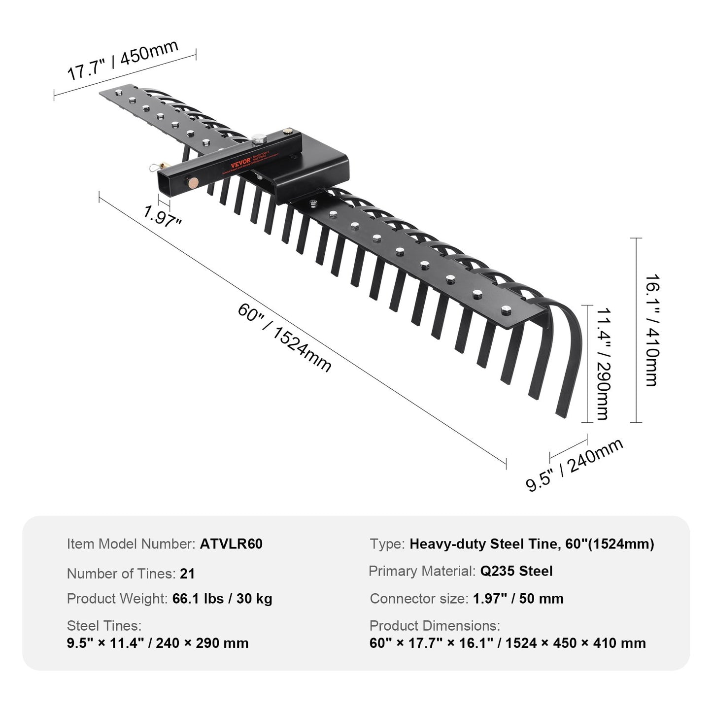 VEVOR Tow Behind Landscape Rake, 15m Tow Dethatcher with 21 Steel Coil Tines, Lawn
