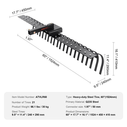 VEVOR Tow Behind Landscape Rake, 15m Tow Dethatcher with 21 Steel Coil Tines, Lawn