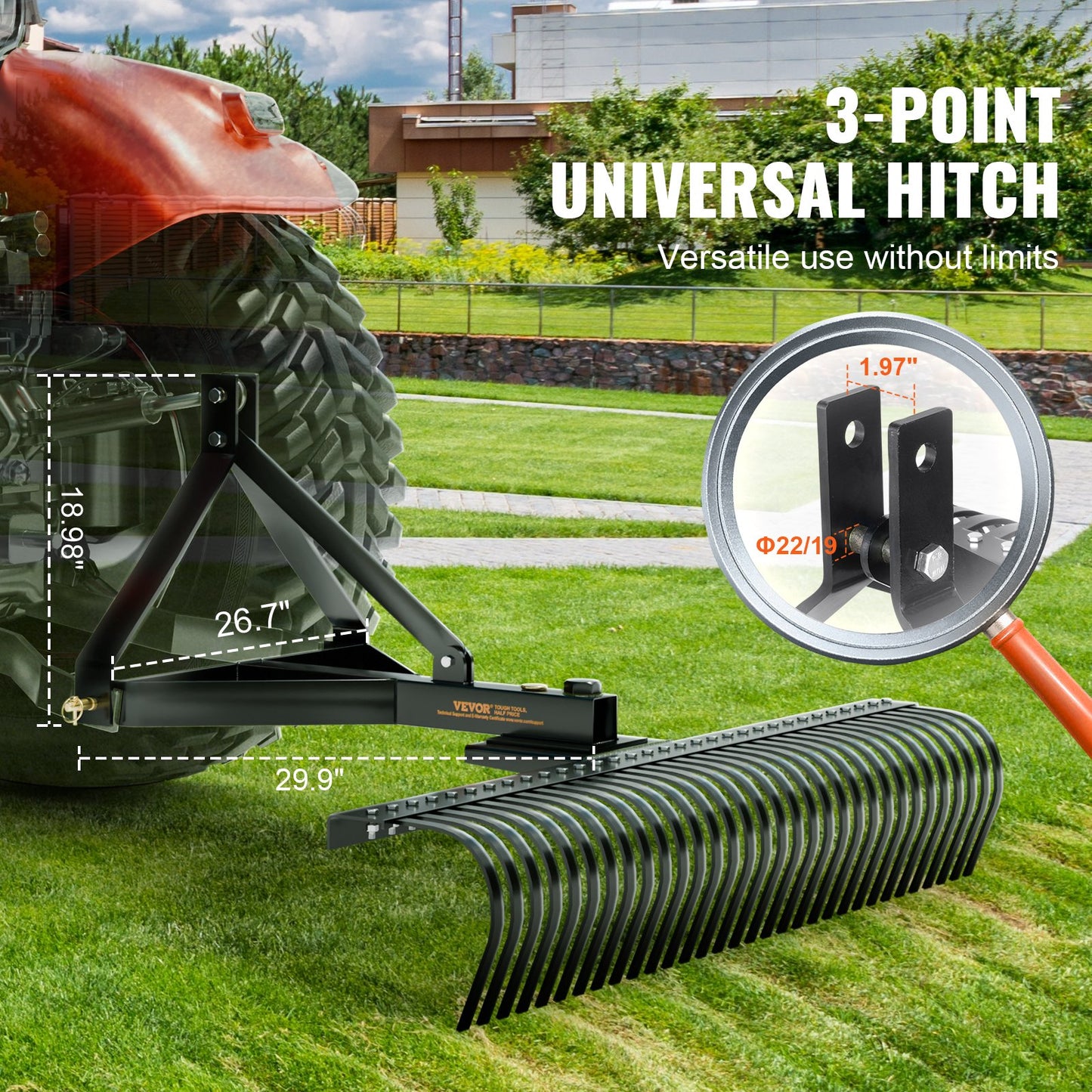 VEVOR Tow Behind Dethatcher, 1.5m Tow Dethatcher with 32 Steel Tines, 3-Point Lawn