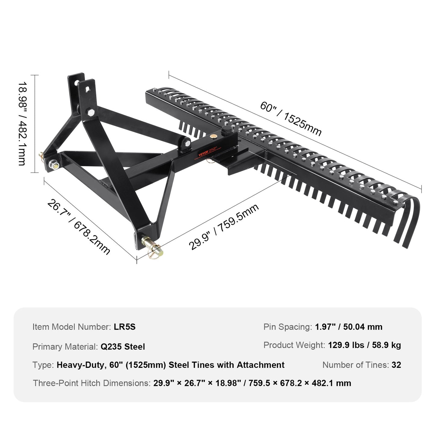 VEVOR Tow Behind Dethatcher, 1.5m Tow Dethatcher with 32 Steel Tines, 3-Point Lawn