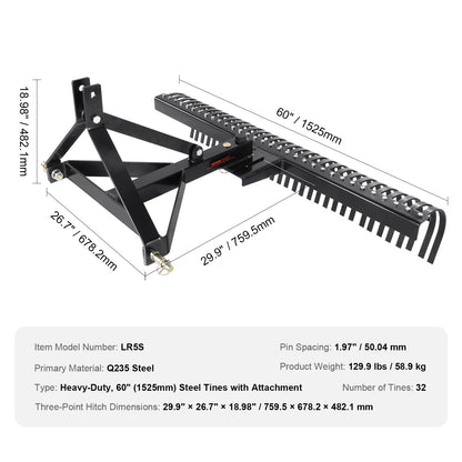 VEVOR Tow Behind Dethatcher, 1.5m Tow Dethatcher with 32 Steel Tines, 3-Point Lawn