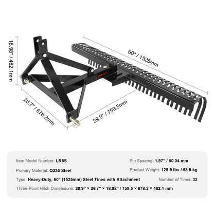 Tow-Behind Dethatcher with 1.5m Width & 32 Steel Tines for Tractors