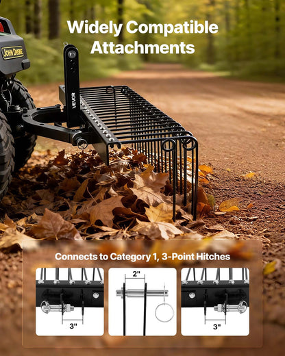 150 cm Tow Behind Landscape Rake, 3 Point Hitch Lawn Dethatcher Rake, 26 Spring Steel Tines, for Category 1 Tractors, Heavy Duty & Rust-Resistant Rakes Tractor Attachments for Leaves Pine Needles