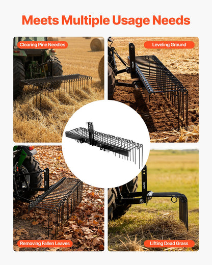 150 cm Tow Behind Landscape Rake, 3 Point Hitch Lawn Dethatcher Rake, 26 Spring Steel Tines, for Category 1 Tractors, Heavy Duty & Rust-Resistant Rakes Tractor Attachments for Leaves Pine Needles