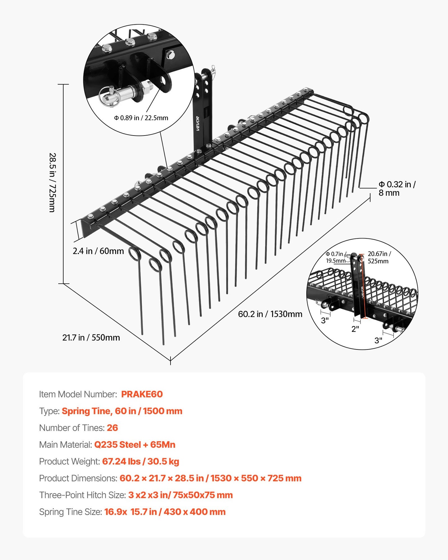 150 cm Tow Behind Landscape Rake, 3 Point Hitch Lawn Dethatcher Rake, 26 Spring Steel Tines, for Category 1 Tractors, Heavy Duty & Rust-Resistant Rakes Tractor Attachments for Leaves Pine Needles