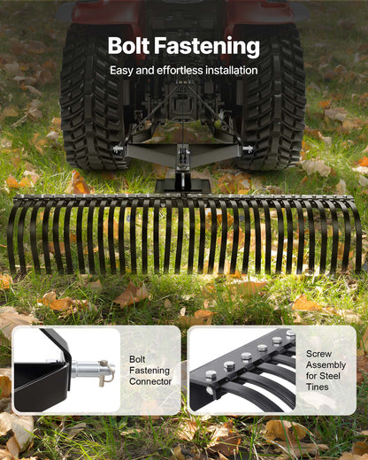 Tow Behind Dethatcher, 1525mm Tow Dethatcher with 32 Steel Tines, 3-Point Lawn Dethatcher Rake with Attachments for Tractor, Landscape Rake for Garden, Farm, Grass