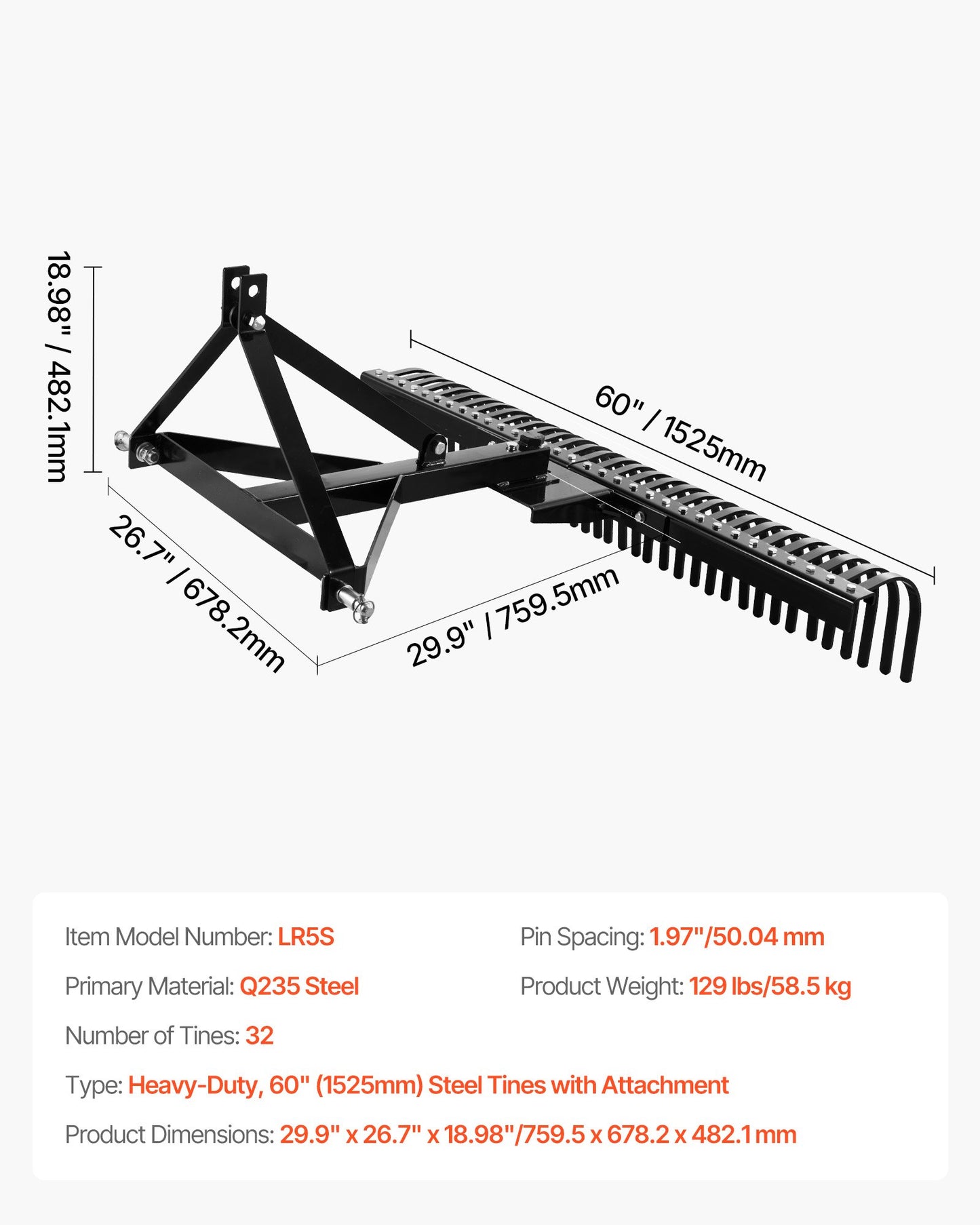 Tow Behind Dethatcher, 1525mm Tow Dethatcher with 32 Steel Tines, 3-Point Lawn Dethatcher Rake with Attachments for Tractor, Landscape Rake for Garden, Farm, Grass