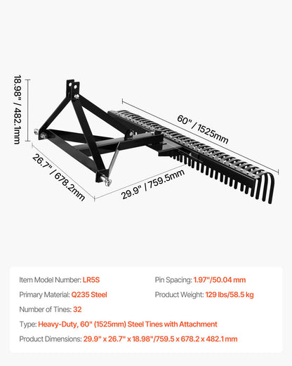 Tow Behind Dethatcher, 1525mm Tow Dethatcher with 32 Steel Tines, 3-Point Lawn Dethatcher Rake with Attachments for Tractor, Landscape Rake for Garden, Farm, Grass
