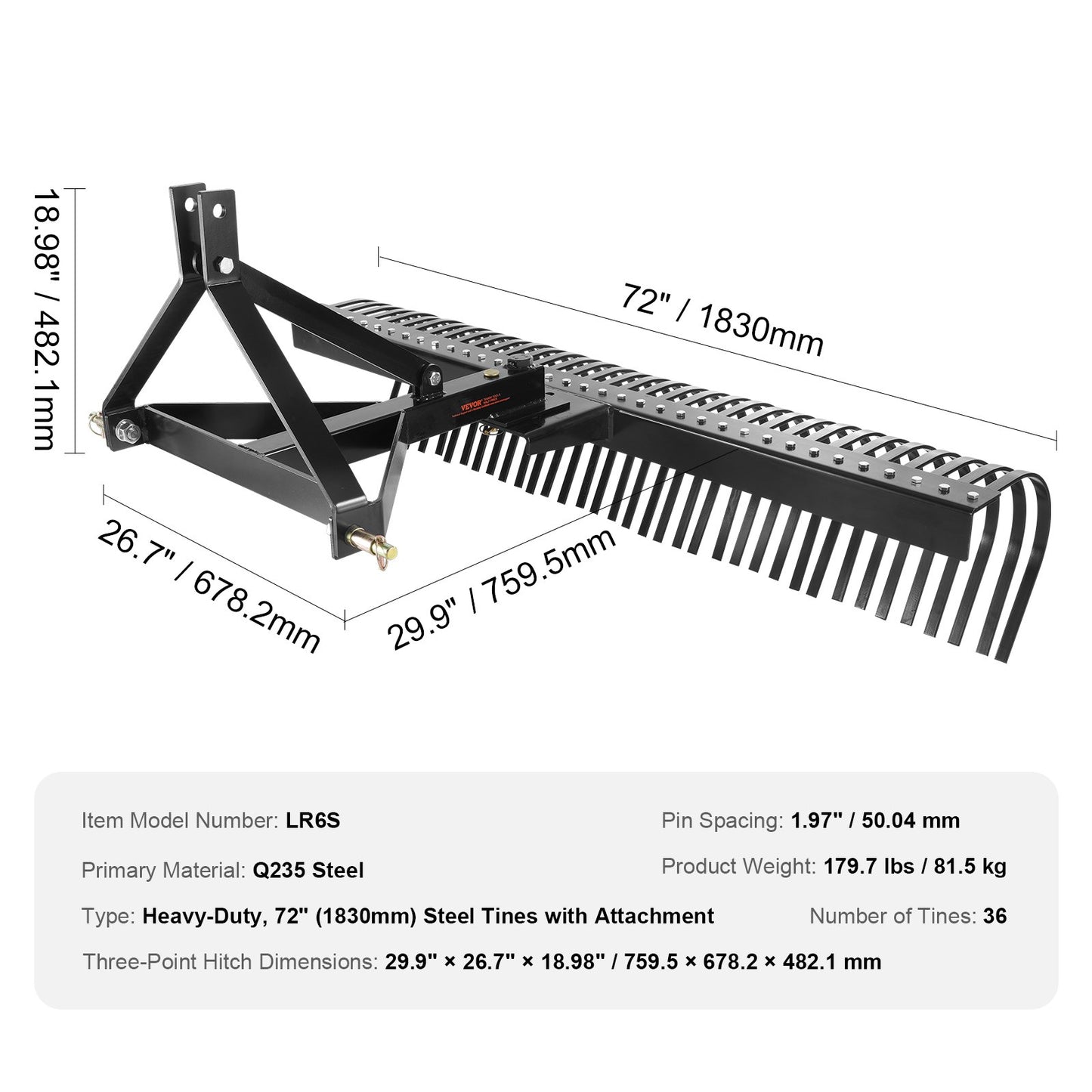 VEVOR Tow Behind Dethatcher, 1.8m Tow Dethatcher with 36 Steel Tines, 3-Point Lawn