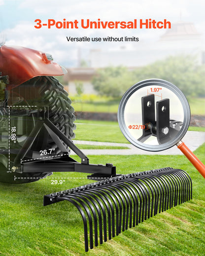 Tow Behind Dethatcher, 183 cm Tow Dethatcher with 36 Steel Tines, 3-Point Lawn Dethatchers Rake with Attachments for Tractor, Landscape Rake for Garden, Farm, Grass