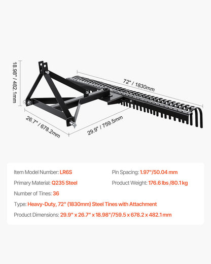 Tow Behind Dethatcher, 183 cm Tow Dethatcher with 36 Steel Tines, 3-Point Lawn Dethatchers Rake with Attachments for Tractor, Landscape Rake for Garden, Farm, Grass