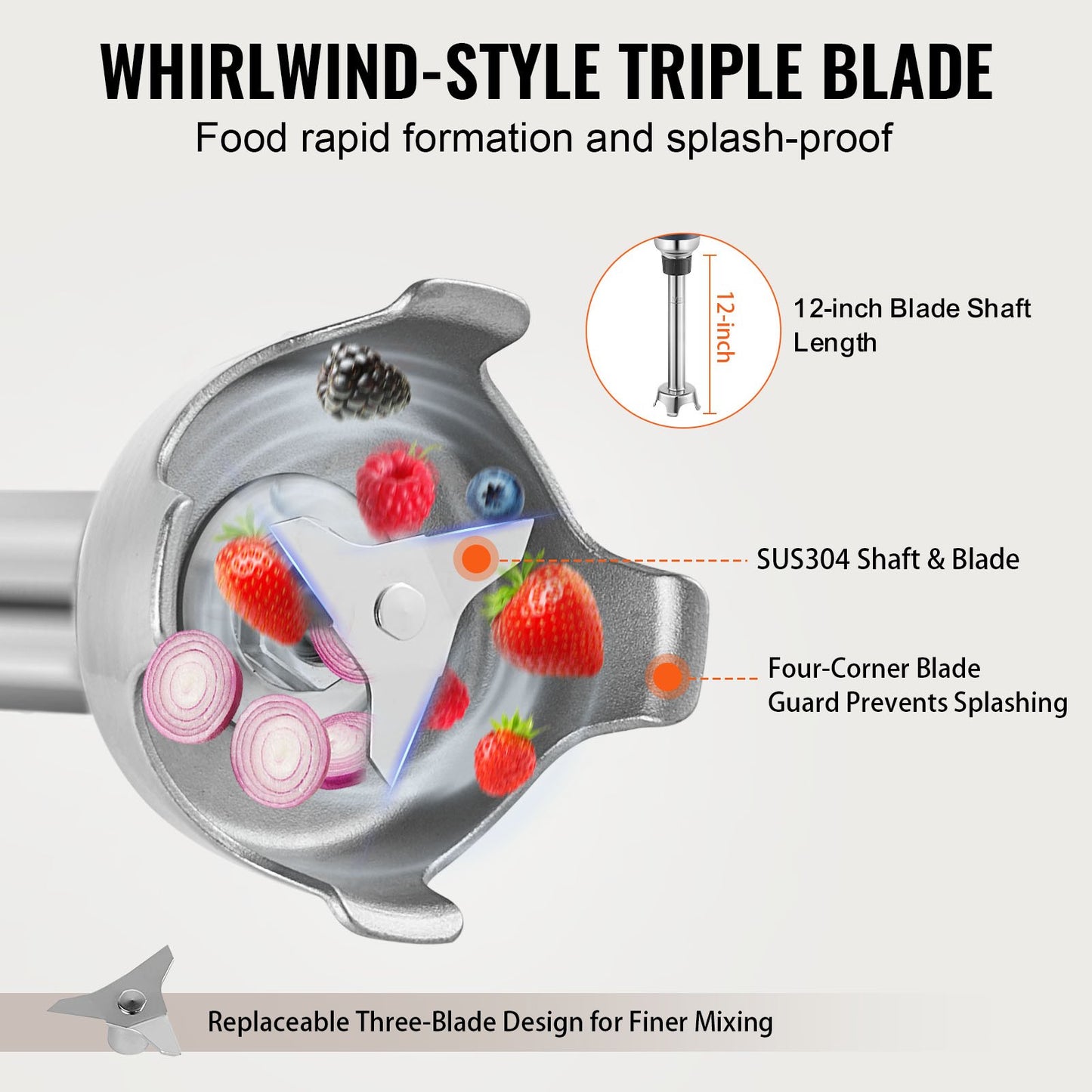 Commercial Immersion Blender, 350W Heavy Duty Hand Mixer, 12 inch Stepless Variable Speed Mixer with Stainless Steel Blade, Multi-Purpose Portable Mixer for Soup, Sauces, Mashed Potatoes, Cream