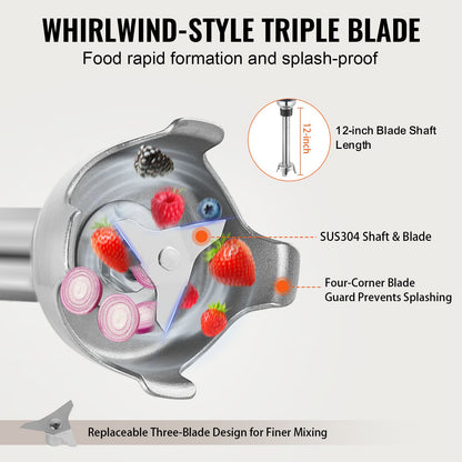 Commercial Immersion Blender, 350W Heavy Duty Hand Mixer, 12 inch Stepless Variable Speed Mixer with Stainless Steel Blade, Multi-Purpose Portable Mixer for Soup, Sauces, Mashed Potatoes, Cream