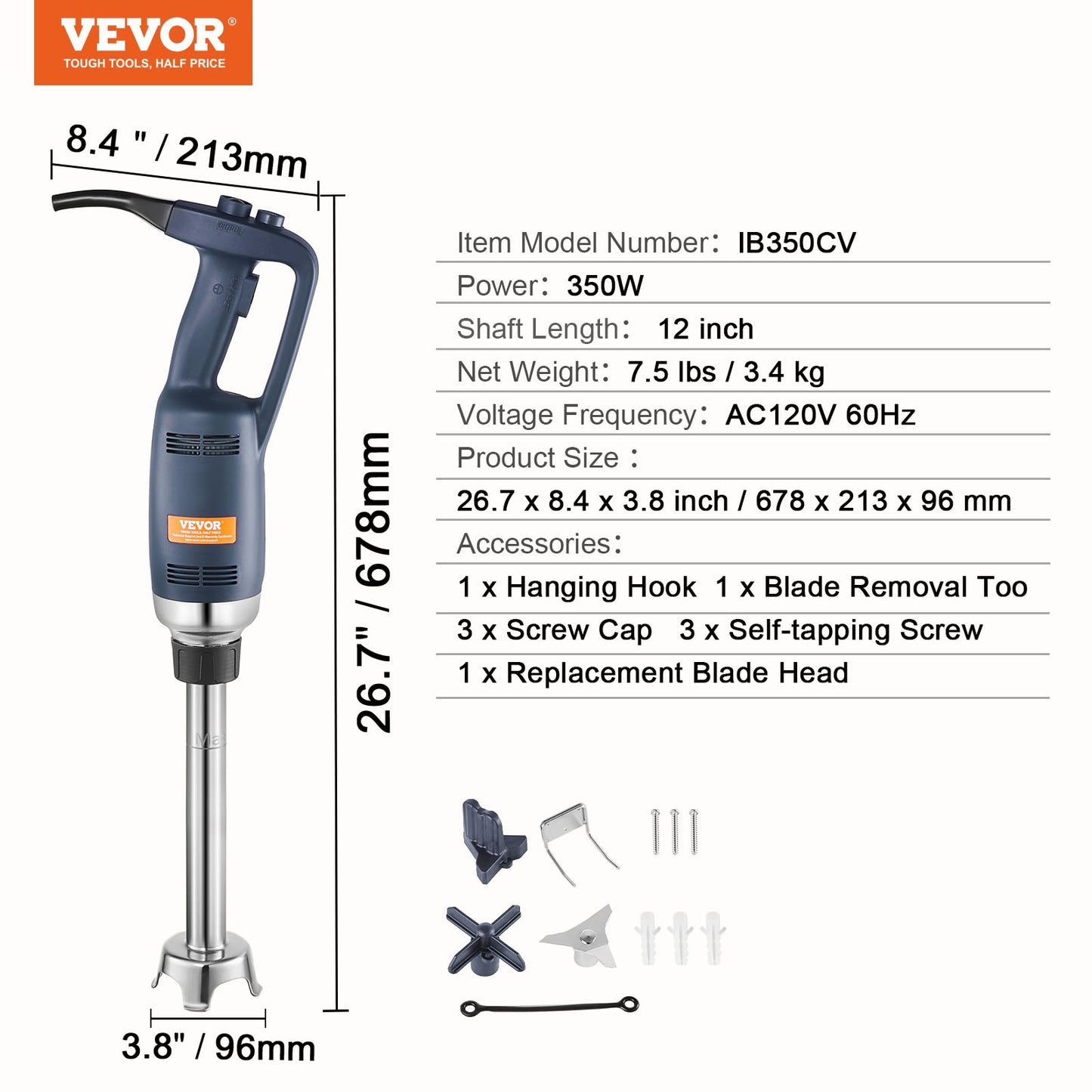 Commercial Immersion Blender, 350W Heavy Duty Hand Mixer, 12 inch Stepless Variable Speed Mixer with Stainless Steel Blade, Multi-Purpose Portable Mixer for Soup, Sauces, Mashed Potatoes, Cream