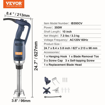 Commercial Immersion Blender, 350W Heavy Duty Hand Mixer, 10 inch Stepless Variable Speed Mixer with Stainless Steel Blade, Multi-Purpose Portable Mixer for Soup, Sauces, Mashed Potatoes, Cream
