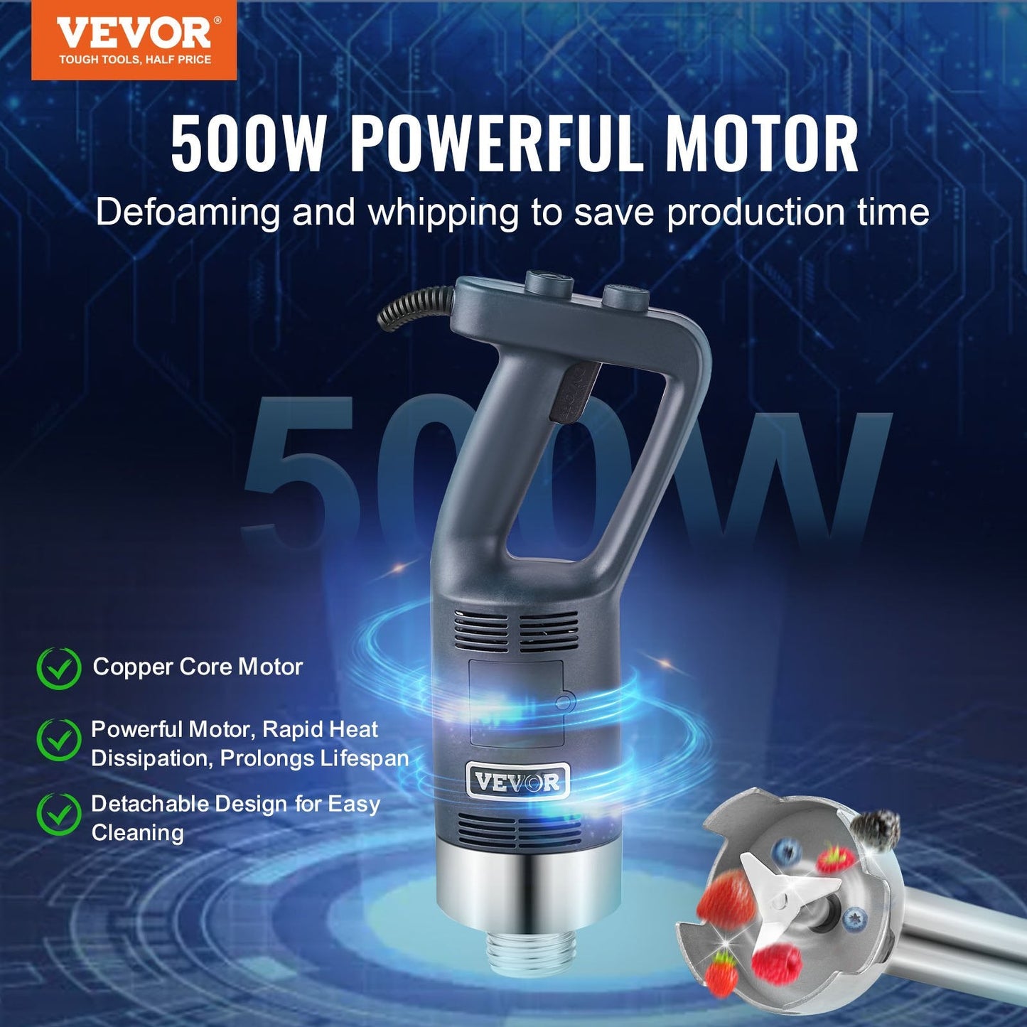 Commercial Hand Mixer 500W Heavy Duty Immersion Blender for Soups & Sauces