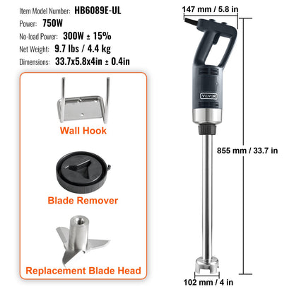 Professional Stick Blender, 750W Durable Handheld Mixer, Adjustable Speed with Stainless Steel Blade, Versatile Hand Mixer for Soups, Smoothies, Purees, and Baby Food