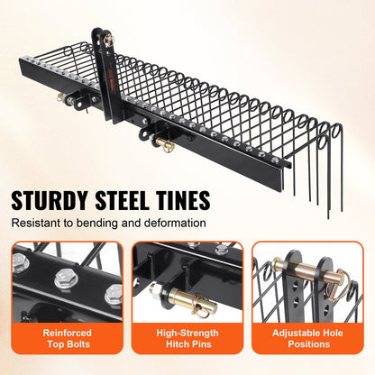 VEVOR Tow Behind Landscape Rake, 1.8m Tow Dethatcher with 32 Steel Tines, Lawn Dethatcher
