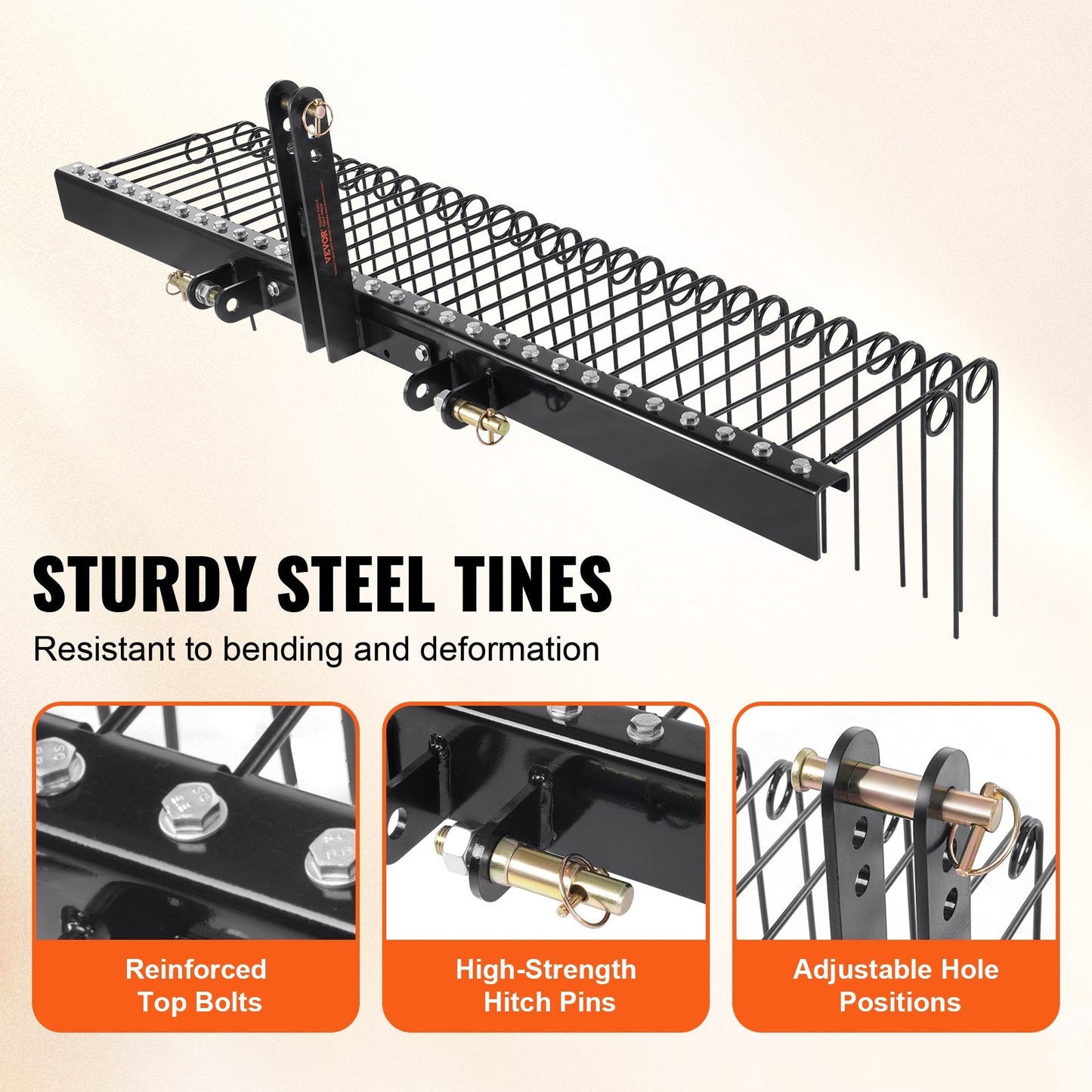 1.8m Tow-Behind Dethatcher Rake with 32 Steel Tines for Tractors