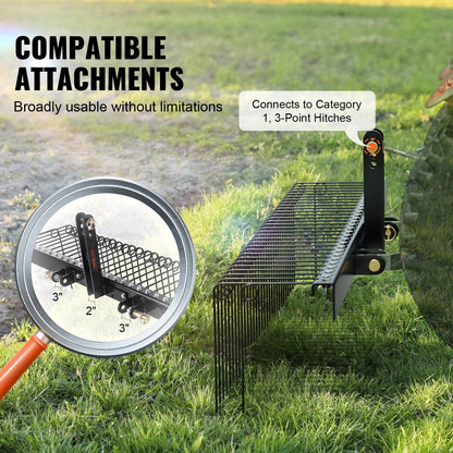 1.8m Tow-Behind Dethatcher Rake with 32 Steel Tines for Tractors