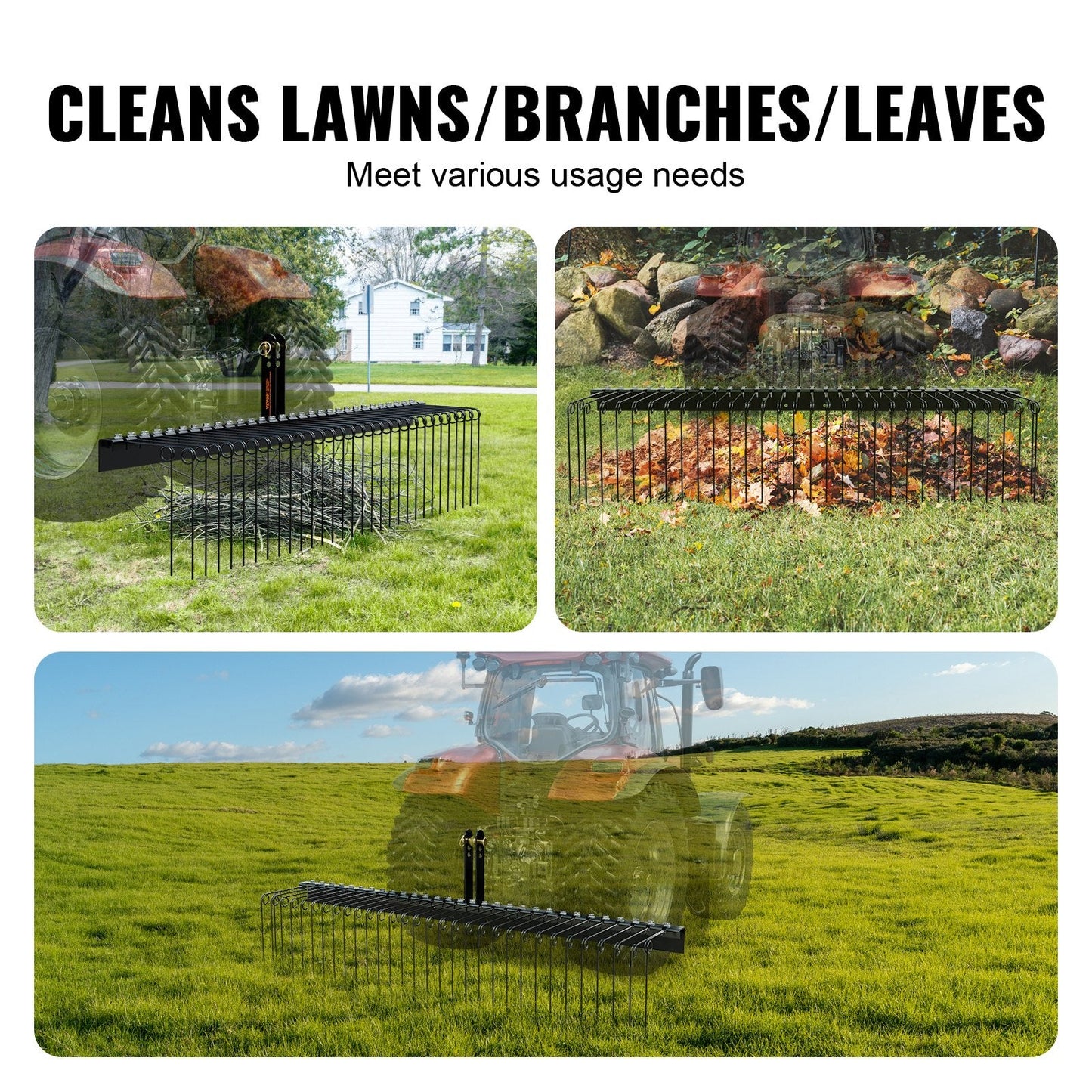 1.8m Tow-Behind Dethatcher Rake with 32 Steel Tines for Tractors