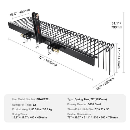 VEVOR Tow Behind Landscape Rake, 1.8m Tow Dethatcher with 32 Steel Tines, Lawn Dethatcher