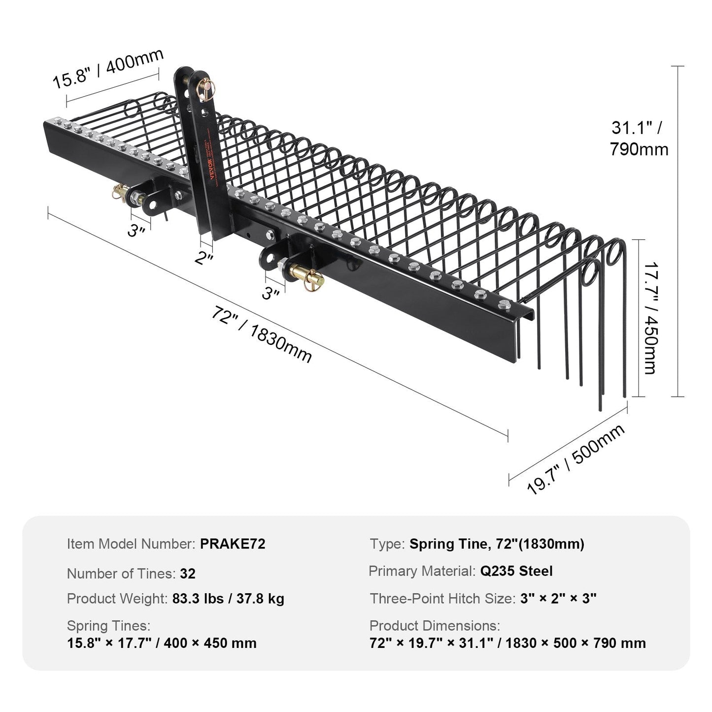 1.8m Tow-Behind Dethatcher Rake with 32 Steel Tines for Tractors