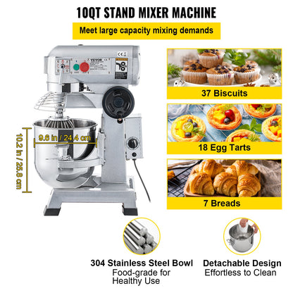 VEVOR Commercial Electric Food Mixer Stand Mixer 10Qt Dough Mixer 3 Speeds 450W