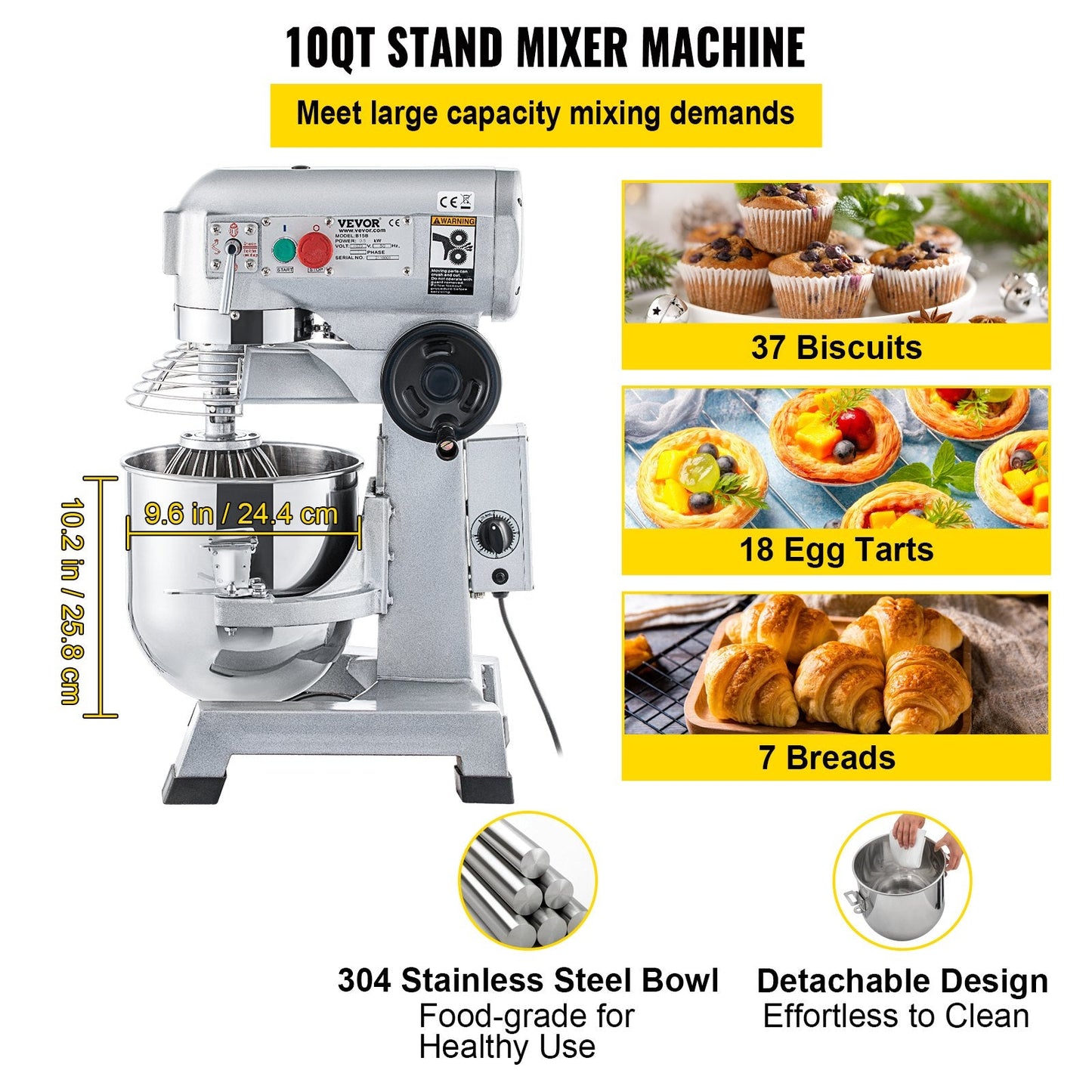 10L Commercial Electric Stand Mixer, 450W, with 3 Speeds & Timer Function