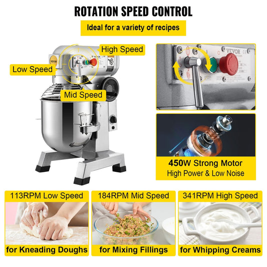 10L Commercial Electric Stand Mixer, 450W, with 3 Speeds & Timer Function