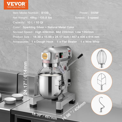 10L 550W Commercial Stand Mixer, 3-Speed Dough Mixer for Restaurants